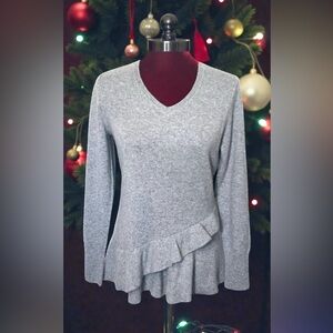 Isaac Mizrahi Live 100% Cashmere Sweater XS Gray Ruffles Tunic Flirty Pullover